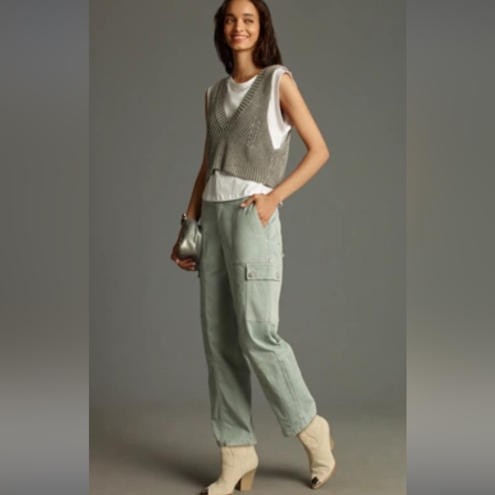 ANTHROPOLOGIE 14 The Carson Utility linen blend barrel pants in blue EUC